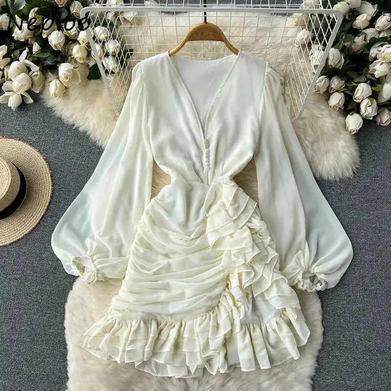 

BabYoung V Neck Buttons Fishtail Dress High Waist Slim Ruffles Irregular Robe Korean Office Lady Elegant Long Sleeve Vestidos