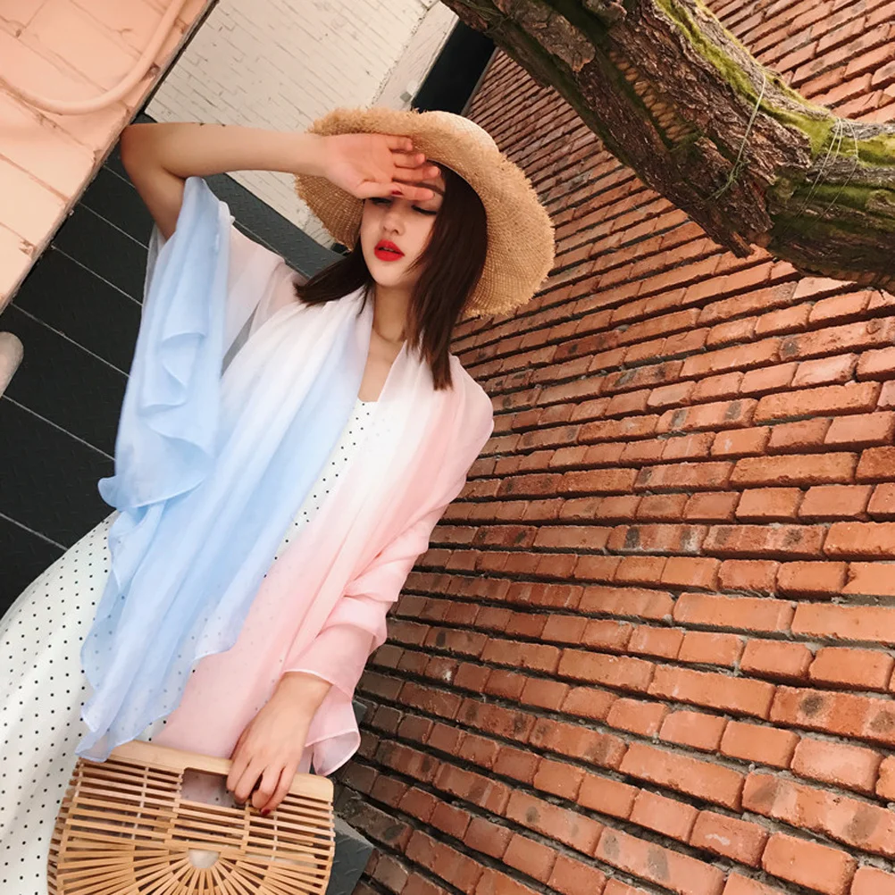 Lenço de verão gradiente feminino proteção uv chiffon xale de seda 170x145cm luz azul rosa respirável protetor solar cachecol feminino