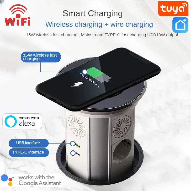 WIFI Tuya Touch Automatic Lifting Pop-up Table Socket IP65 Waterproof Recessed EU Outlet Bluetooth Speaker Wireless Charger