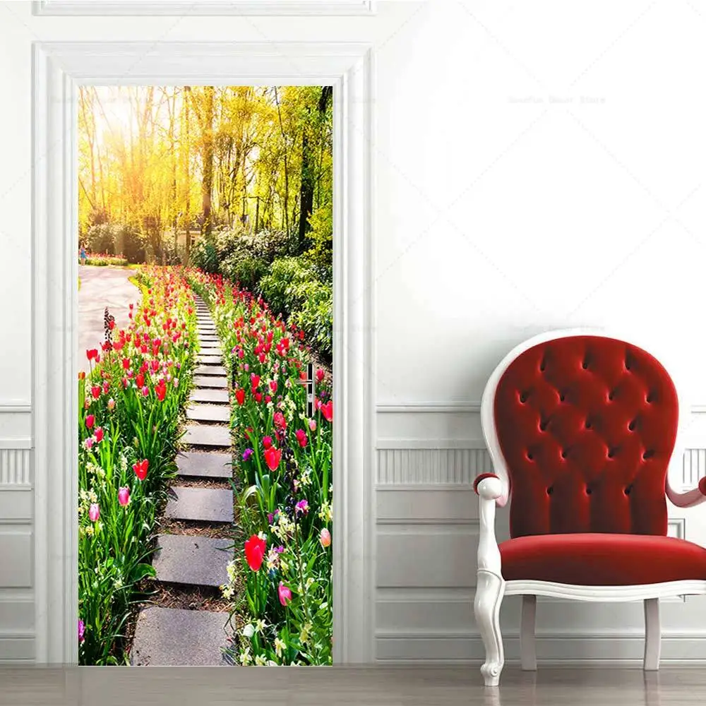 

3D Flower Path Garden Door Sticker Mural PVC Waterproof Renovation Self-adhesive Bedroom Wall PVC Sticker Home Decoration