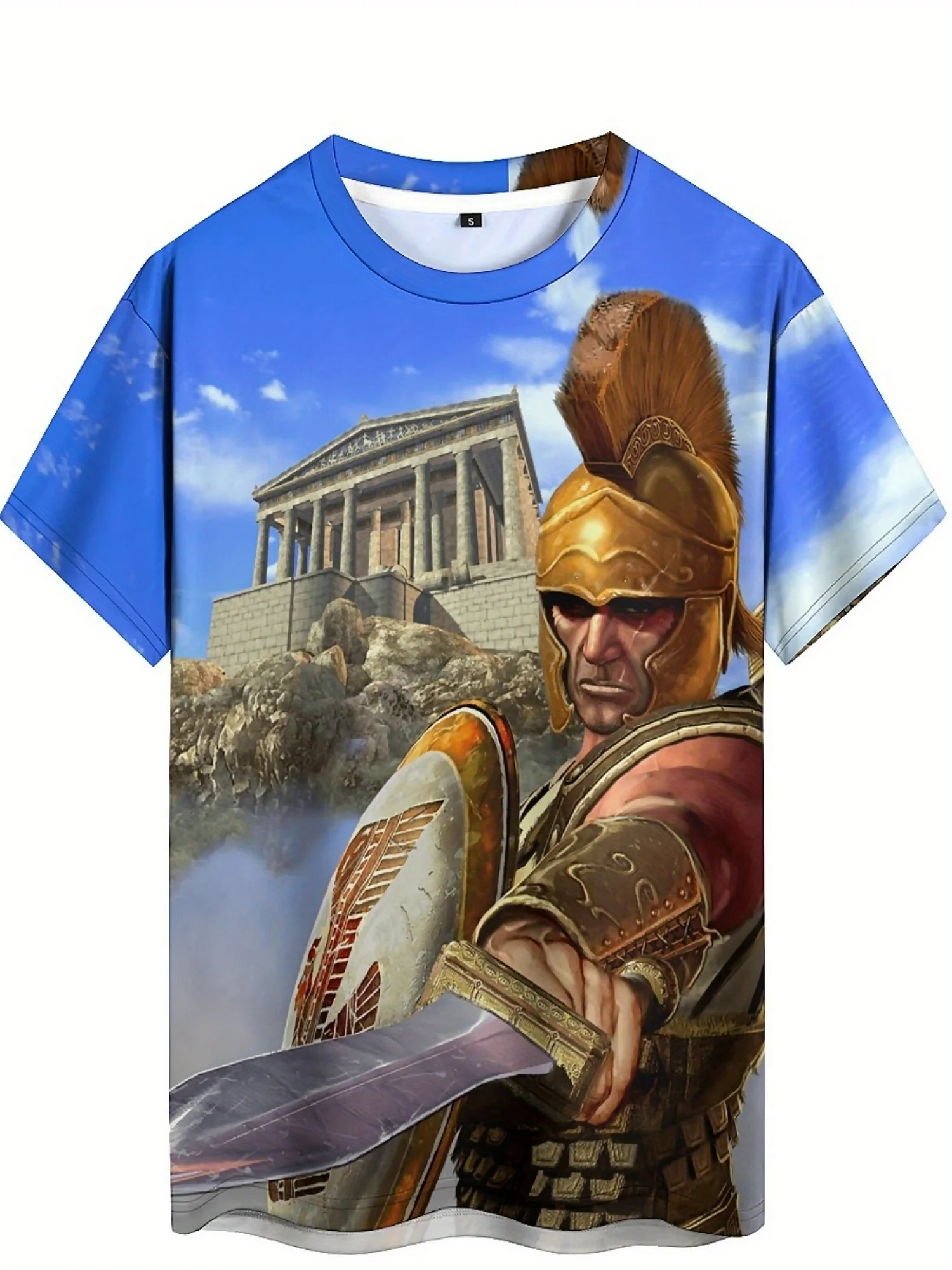 Plus Size Men's 3D Print Knight & Parthenon Graphic T-Shirt - Gothic Dark Loose Fit Breathable Fabric, Short Sleeve