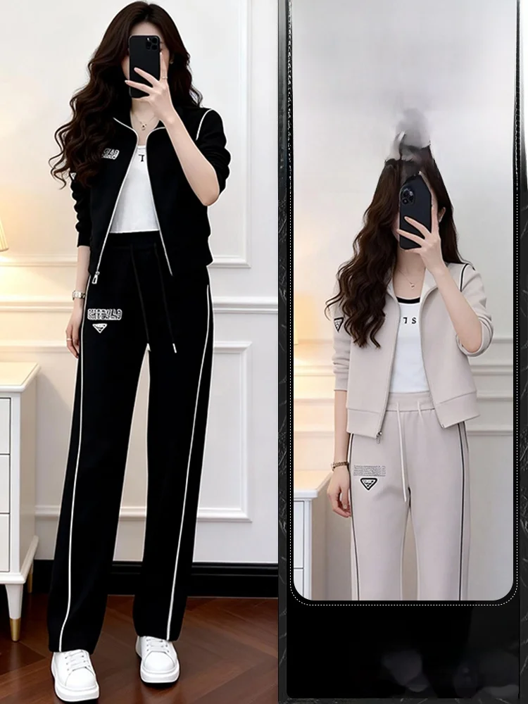 

Повседневный спортивный костюм-двойка для женщин: модный свитшот и брюки с широкими штанинами для весны и осени, антивозрастной тренд