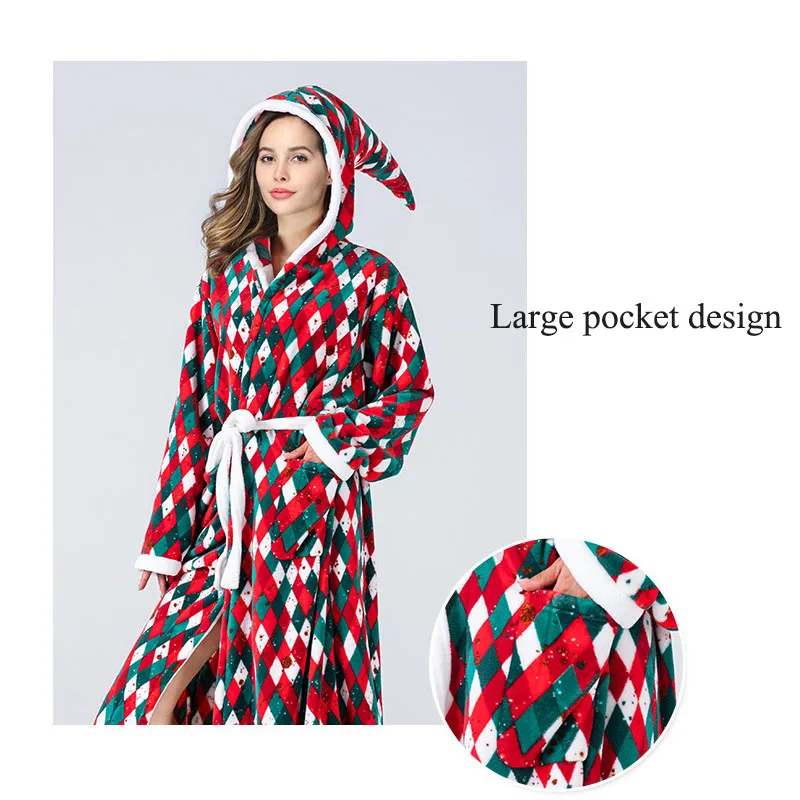  Women's Christmas Flannel Bathrobe - Long Sleeve Grid Plaid Soft Warm Robe with Pockets Home Sleepwear