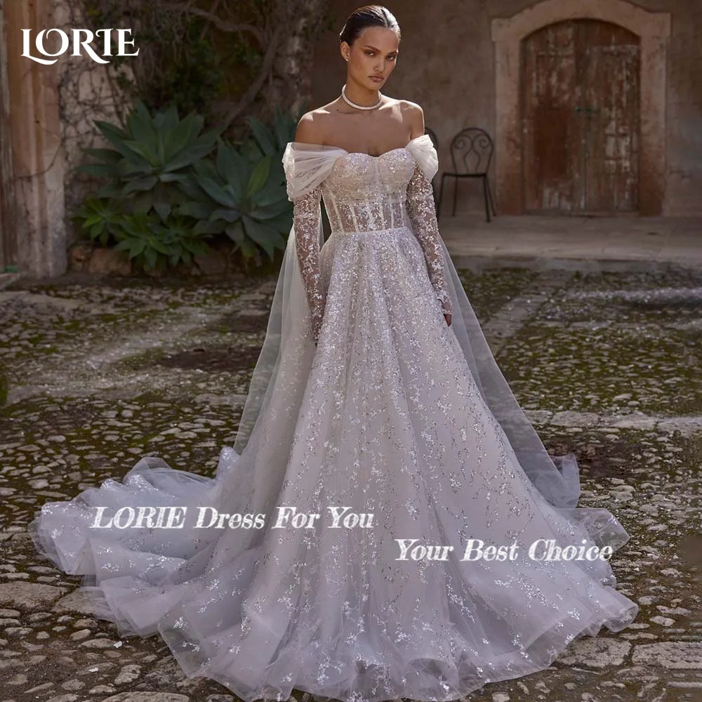 LORIE Sparkly Women's Wedding Dress Off Shoulder Long Sleeve Bride Gown Shiny Bride Dress Corset Bridal Dress vestidos de novia