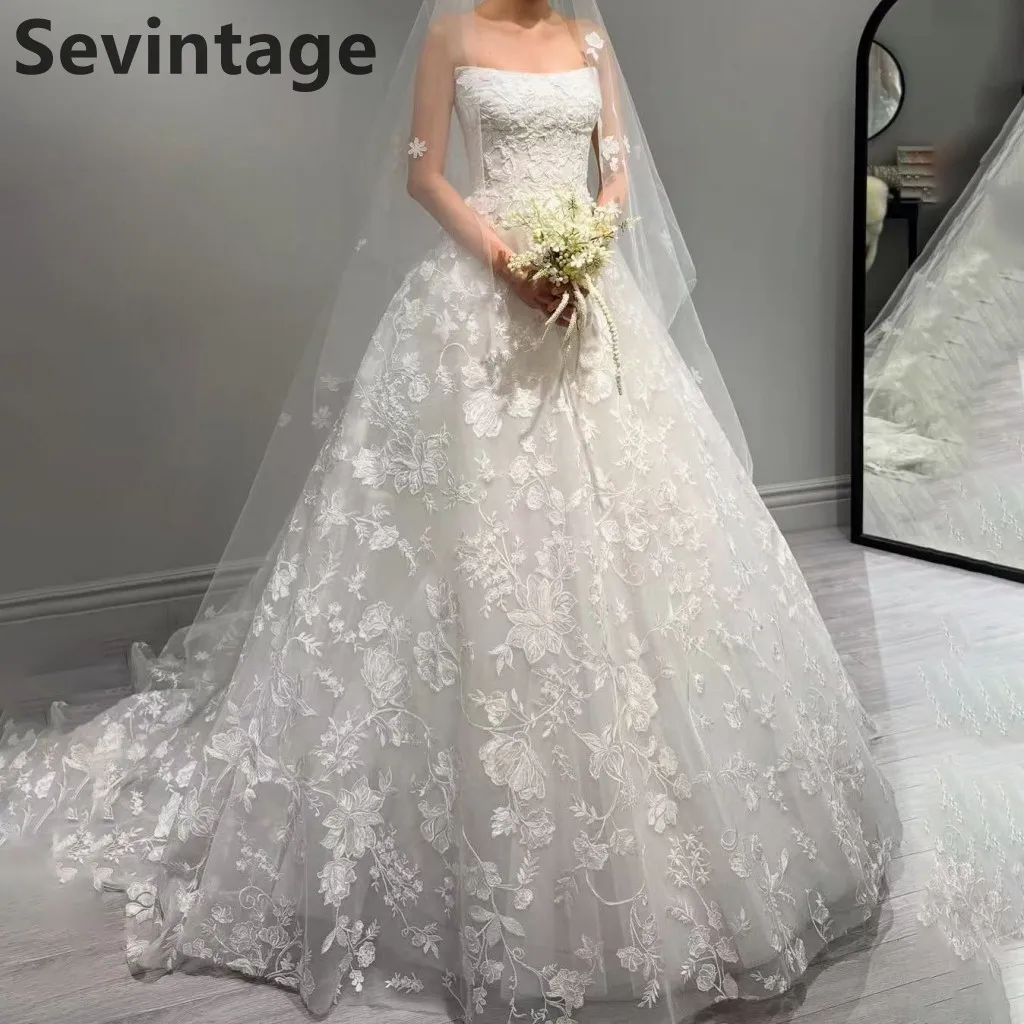 

Sevintage 2025 Luxury Full Lace A Line Strapless Vintage Wedding Dress Customized Bridal Gowns Robe de mariée