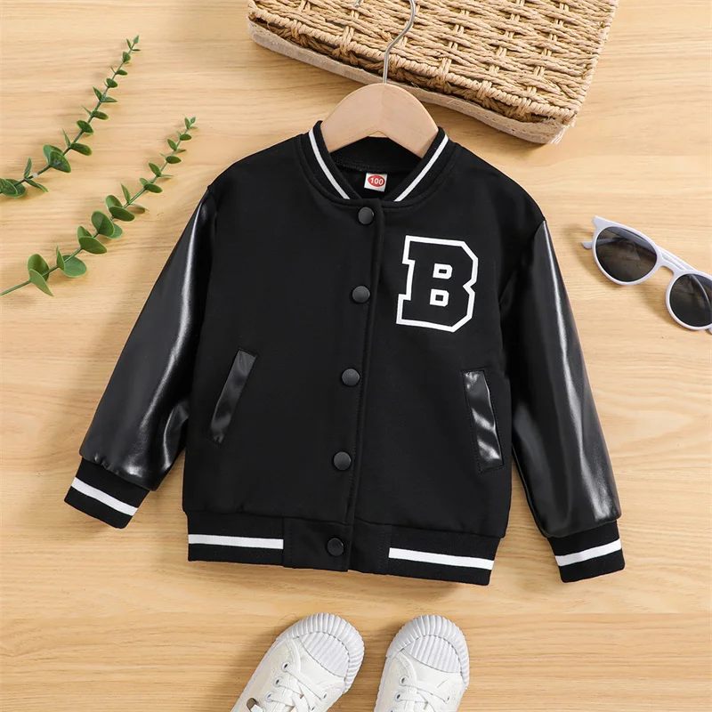 

Children's Fashion Jacket Kids Spring Autumn Baseball Coats Boy Button V-neck Leather Windbreaker Baby Letter Overcoat 1-7 years