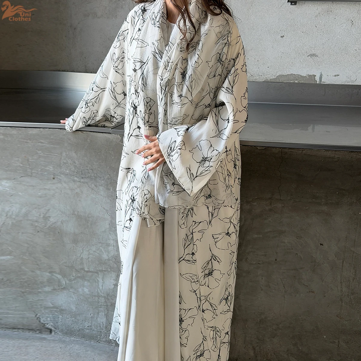 

Zahraa 2026 Summer Arabic Women Muslim Clothes Ramadan Dubai Open Abaya Dress with Hijab Islam Printed Chiffon 2-Piece Outfit