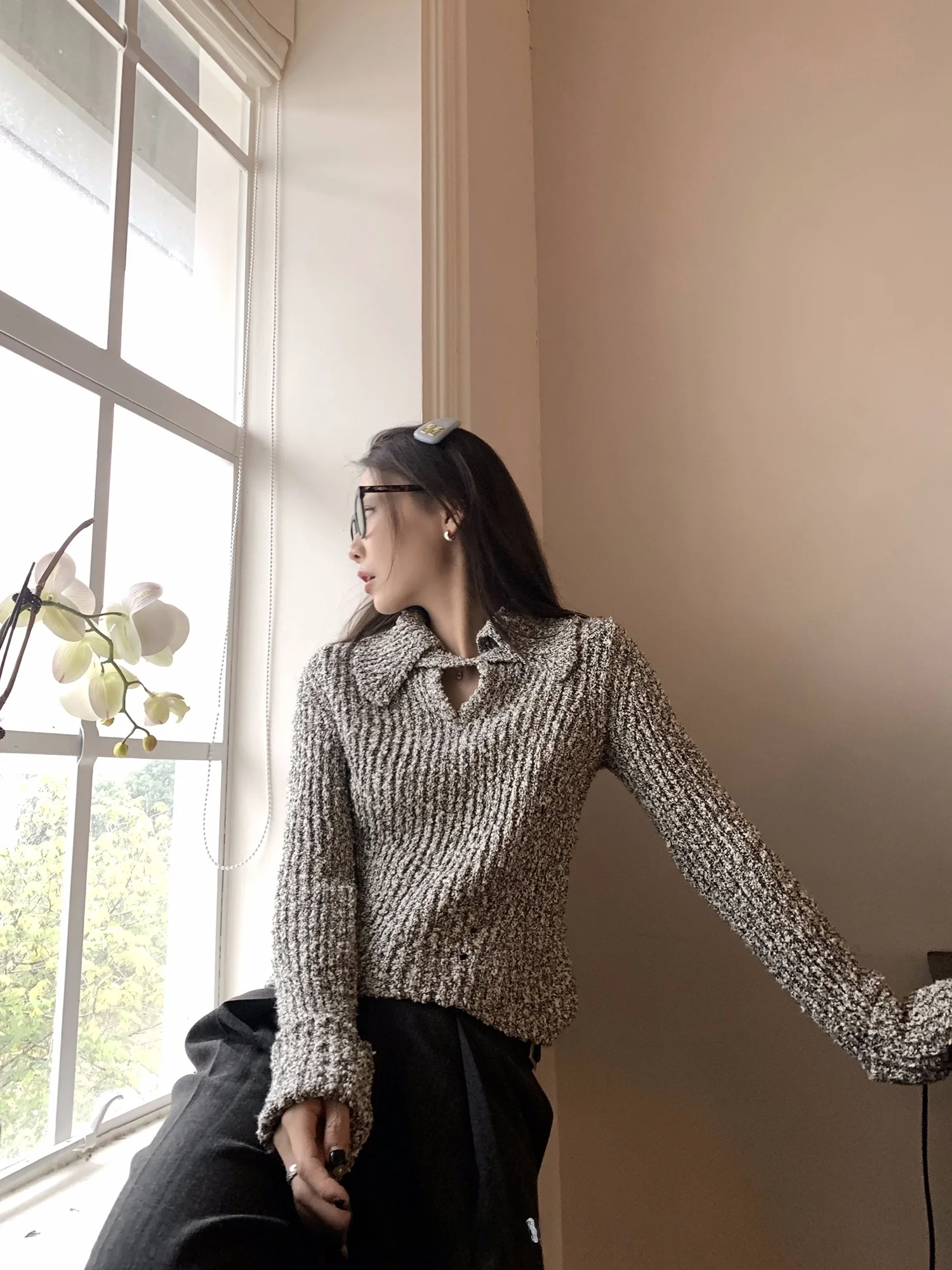 

Вязаный свитер-платье женский из шелка с острыми воротниками и точечным узором, коллекция Весна-Лето/Зима, модный и элегантный