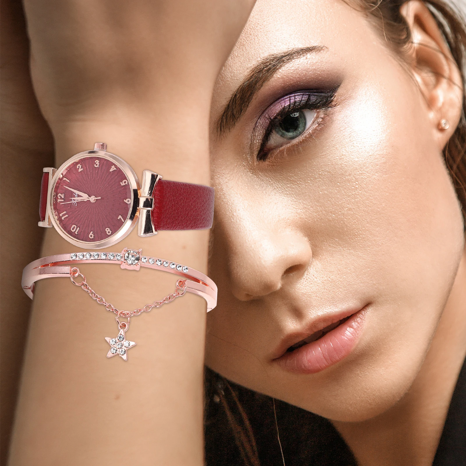 

Quartz Watch Bracelet Set Fashion Ladies Watches Wrist Women's Jewelry Band Charms for Pu Watchbracelets Graduation Gift Bangle