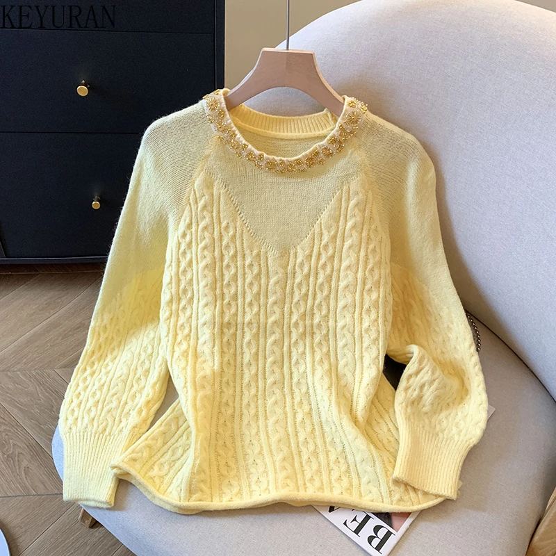 

Yellow Beading O-Neck Knitted Pullover Sweater Women 2025 Autumn Winter New Style Long Sleeve Soft Casual Sweaters Ladies Jumper
