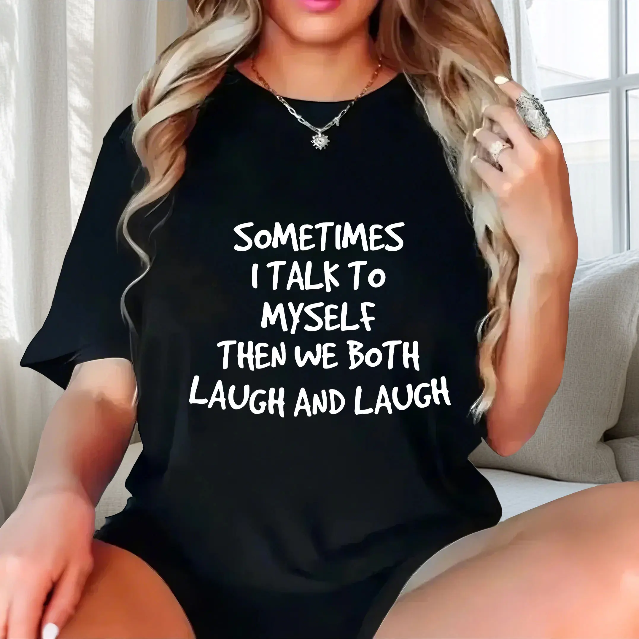 

Simplified English print plus size Ladies' casual short sleeved T-shirt black