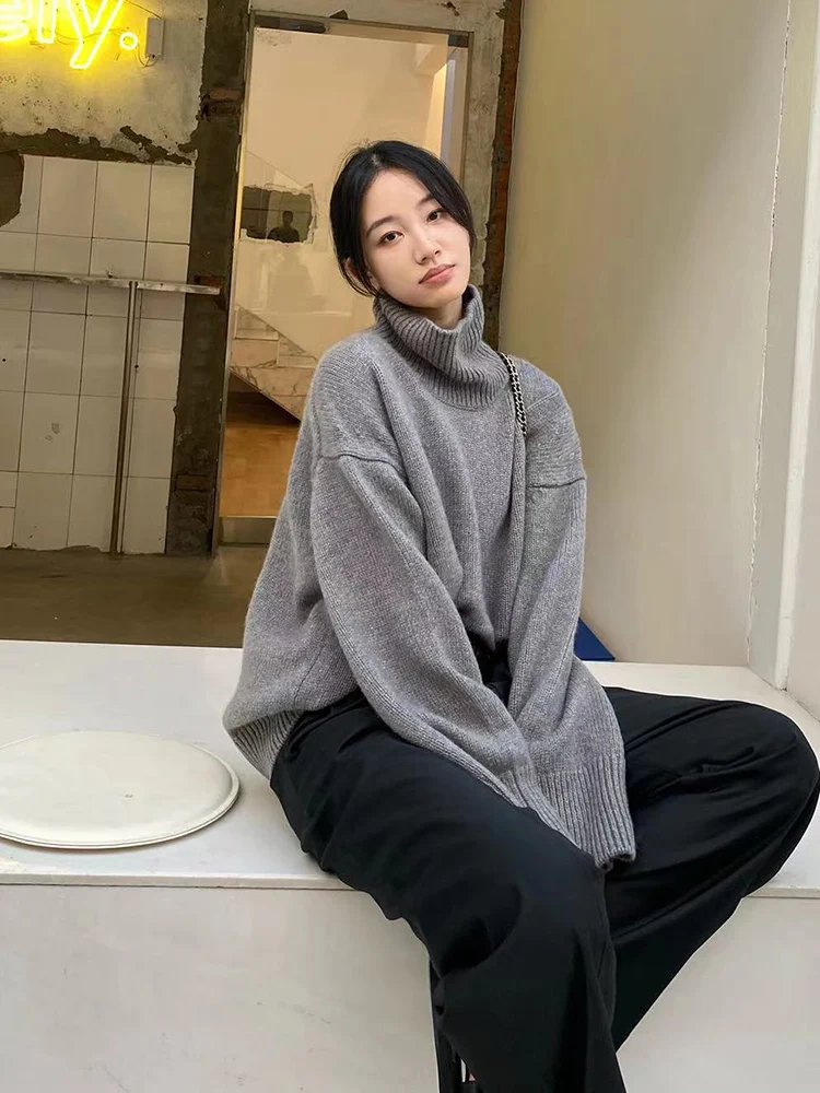 Maillard 100% pure wool sweater for women, loose and thick, lazy style base, knitted silhouette, high neck sweater