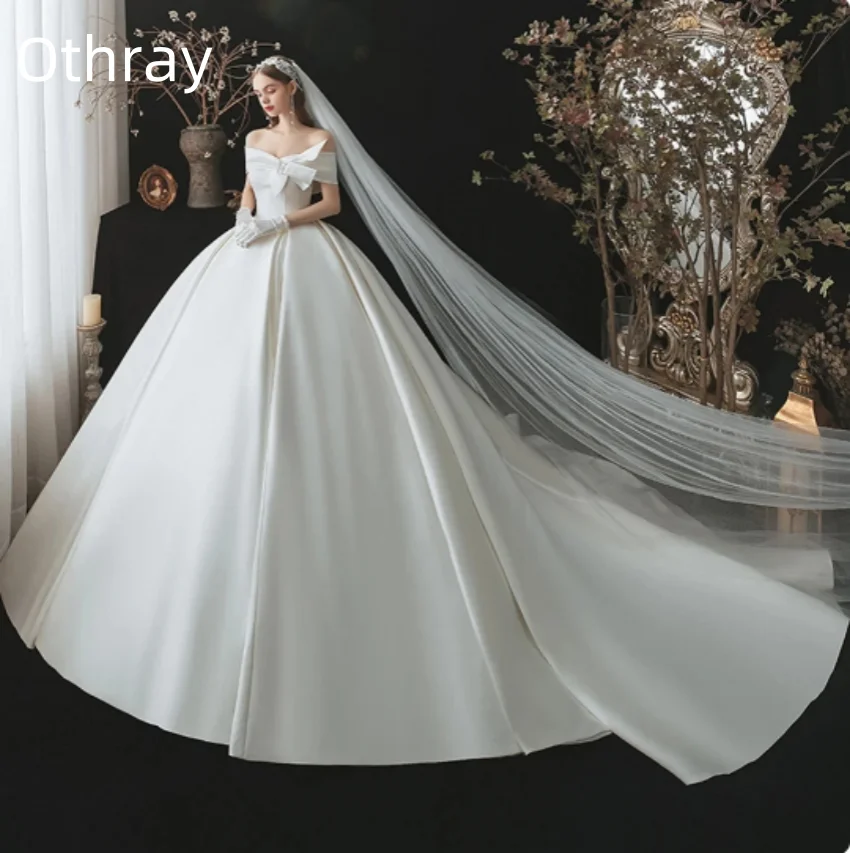 Classic Vintage Satin Wedding Gown Luxury Ball Gown Long Bride Robe Vestido De Novia Graceful Off The Shoulder Bridal Dress2024