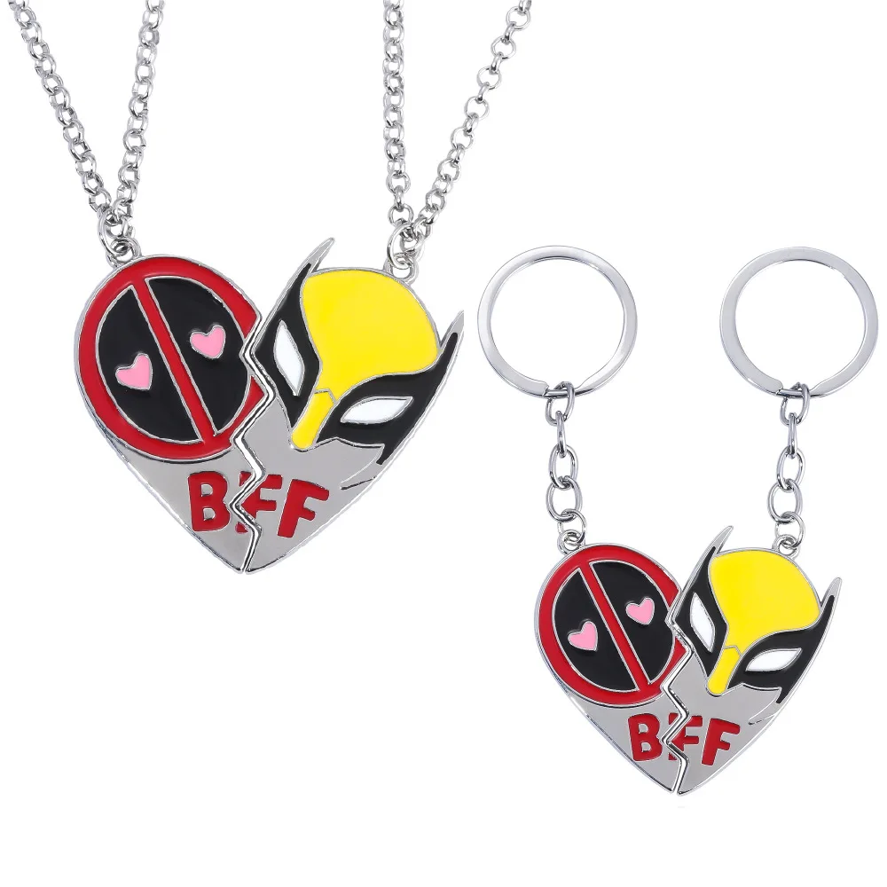 Ensemble de collier Deadpool et Wolverine Best Friends pour hommes et femmes, pendentif coeur fendu, collier porte-clés, bijoux Cosplay, Smile Hero