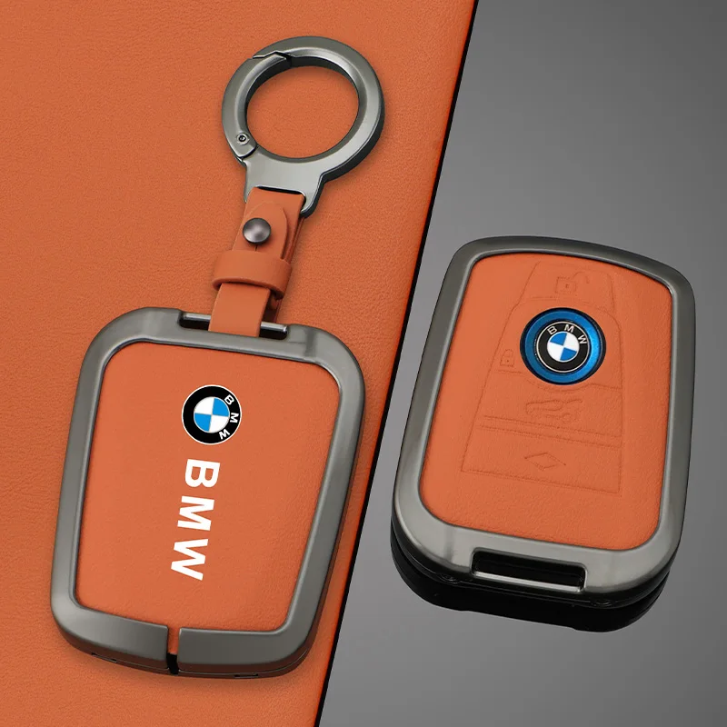 Orange Leather Zinc Alloy Car Remote Key Case For BMW I3 I8 Series 2014 2015 2016 2017 2018 Protection Keychain Accessories