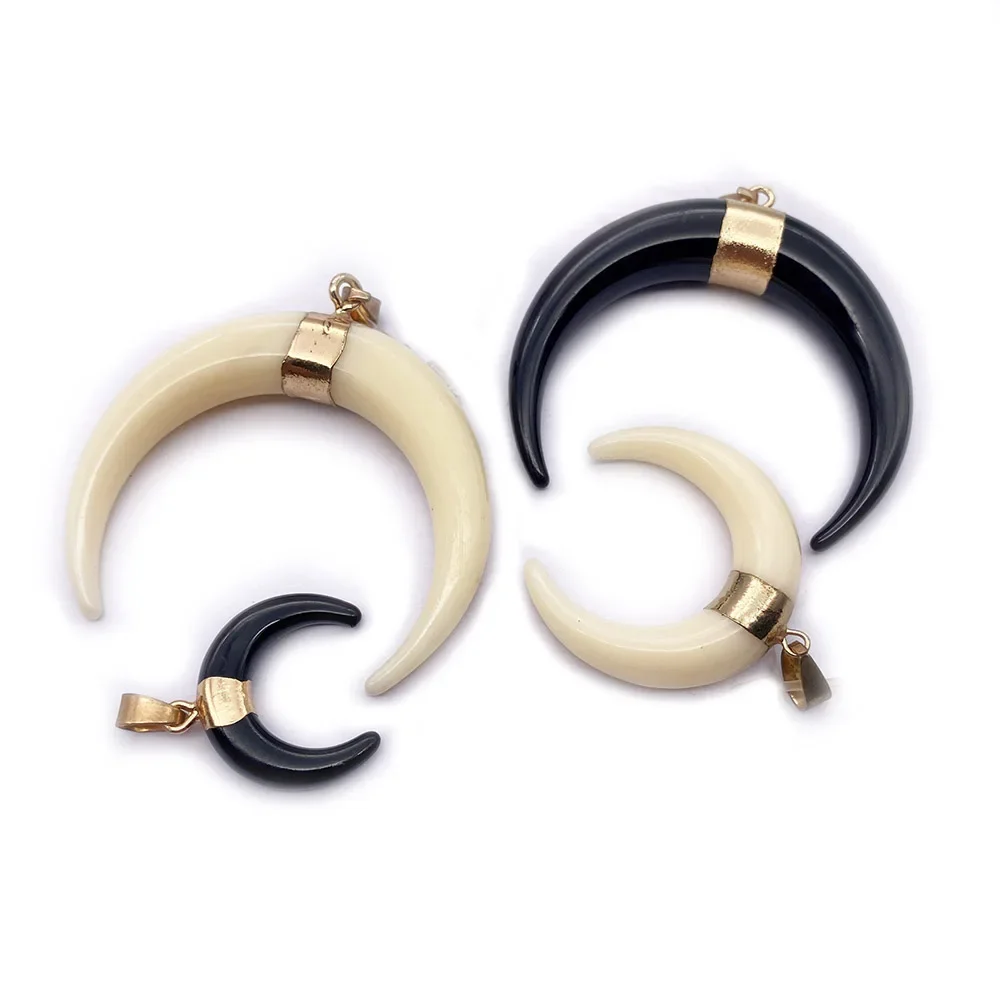 Moon Shape Resin Bull Horn Vintage Pendant Black White Charm DIY Jewelry Fashion Making Necklace Earrings Accessories