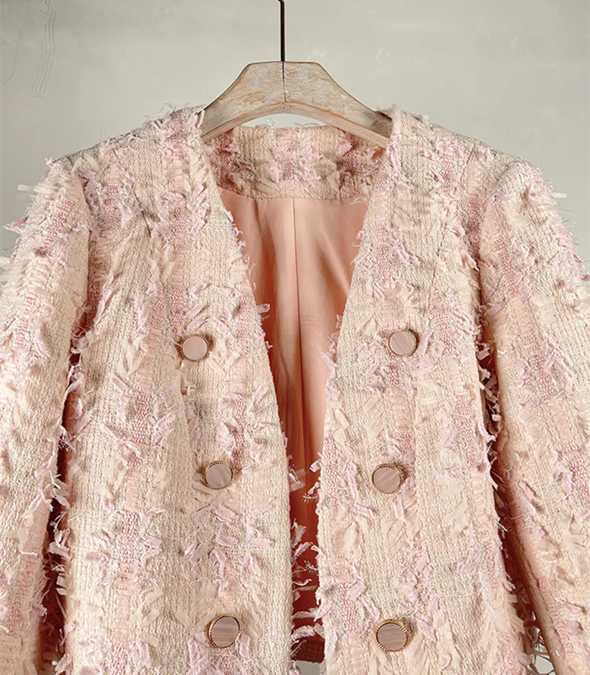 Fashion High Quality Women Pink V Neck Tweed Cropped Jacket Coat French Autumn Winter Double-Breasted Tassel Cardigan Short Tops