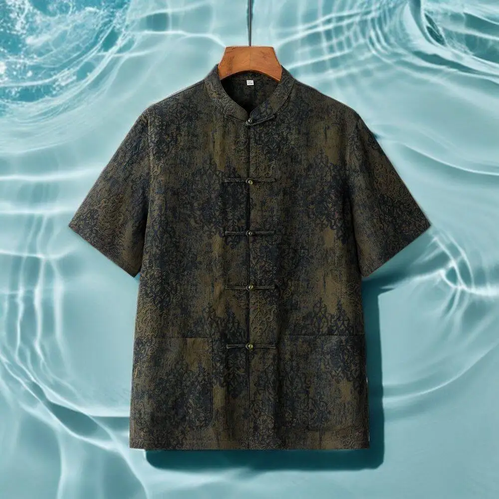 

Scholar’s Earthy Grain Silk Shirt Men Luxury Tunic Artisan Craftsmanship Jade Buttons & Functional Short Sleeve Tops Low-key