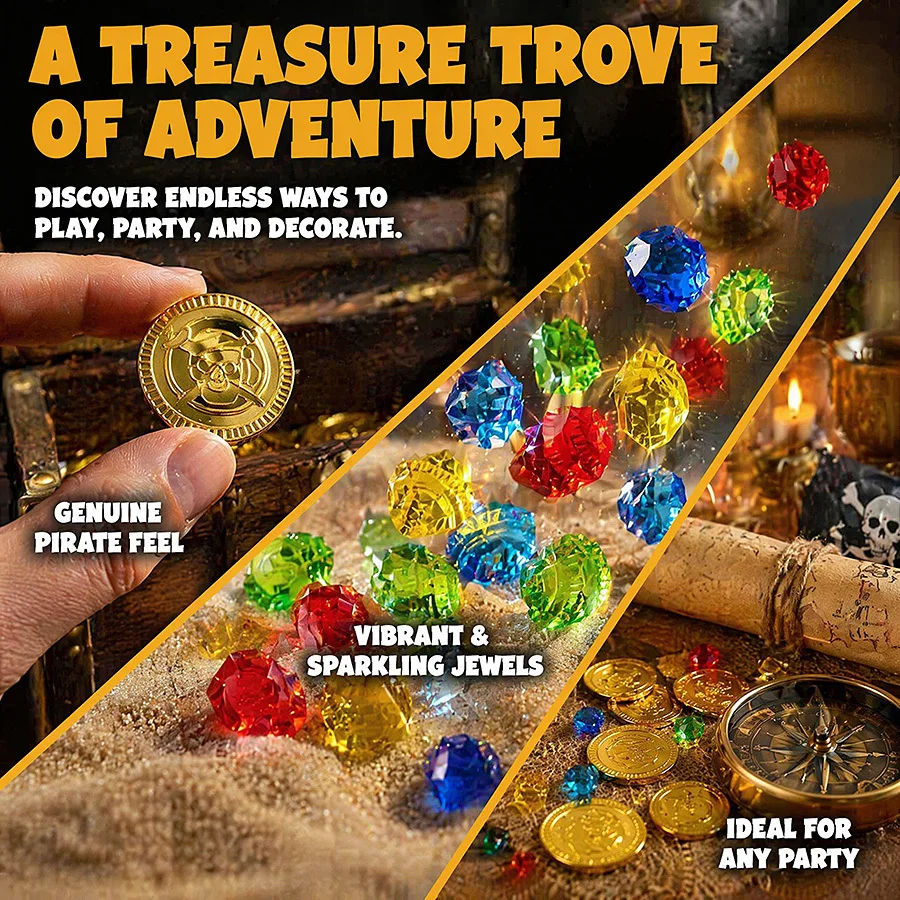 70/90pcs Random Color Pirate Gemstones & Gold Coins, Treasure Hunt Props for Christmas New Year Party Wedding Vase Fillers