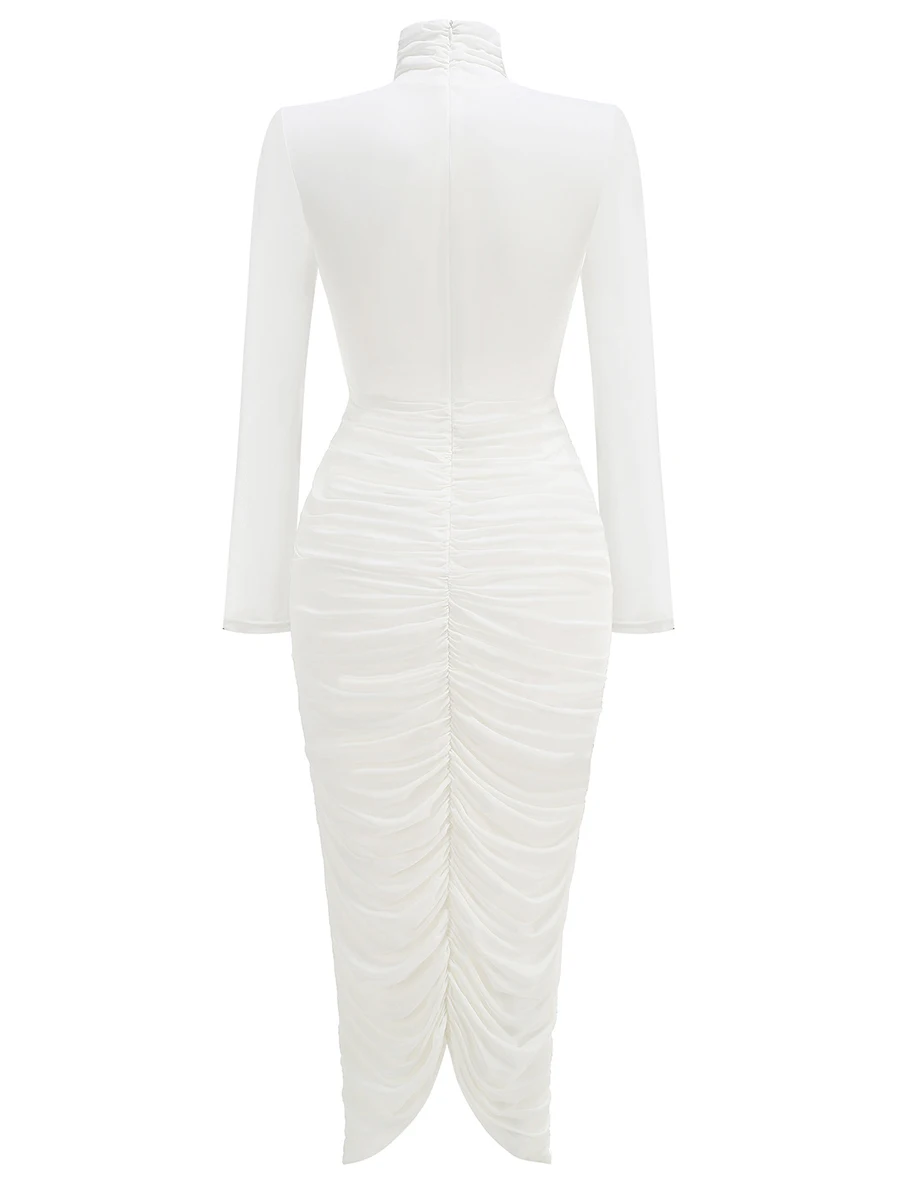 TWOTWINSTYLE, vestidos lisos adelgazantes con temperamento fruncido empalmado para mujer, vestido de cintura alta con cuello alto y mangas largas, nuevo para mujer