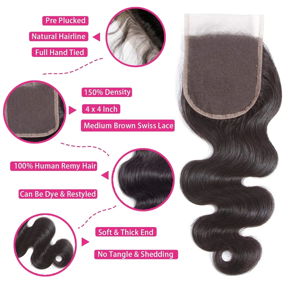 Body Wave 100% Human Hair Bundles With Closure Unprocessed Brazilian 3 Bundles with 4x4 Free Part HD Lace Closure For Women Remy