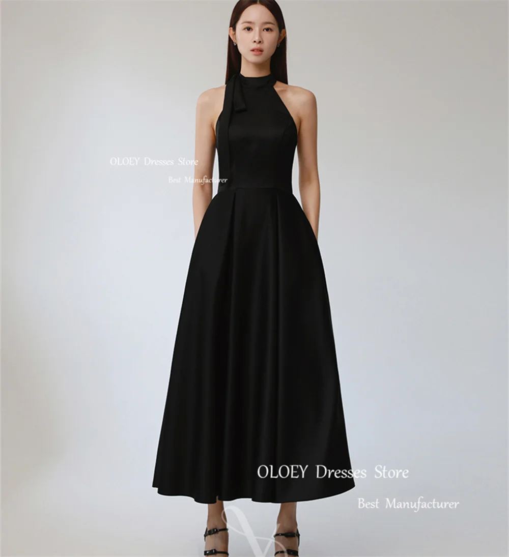 OLOEY Elegant Korea Black Evening Dresses Satin Halter Ankle Length Wedding Party Photoshoot Formal Prom Gowns