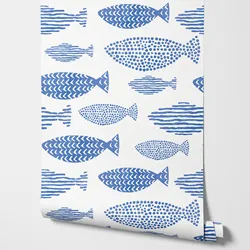 Watercolor Indigo Blue Fishes Wallpaper - Indigo Blue Fishes Peel and Stick Removable Wallpaper For Kids Bedrooms