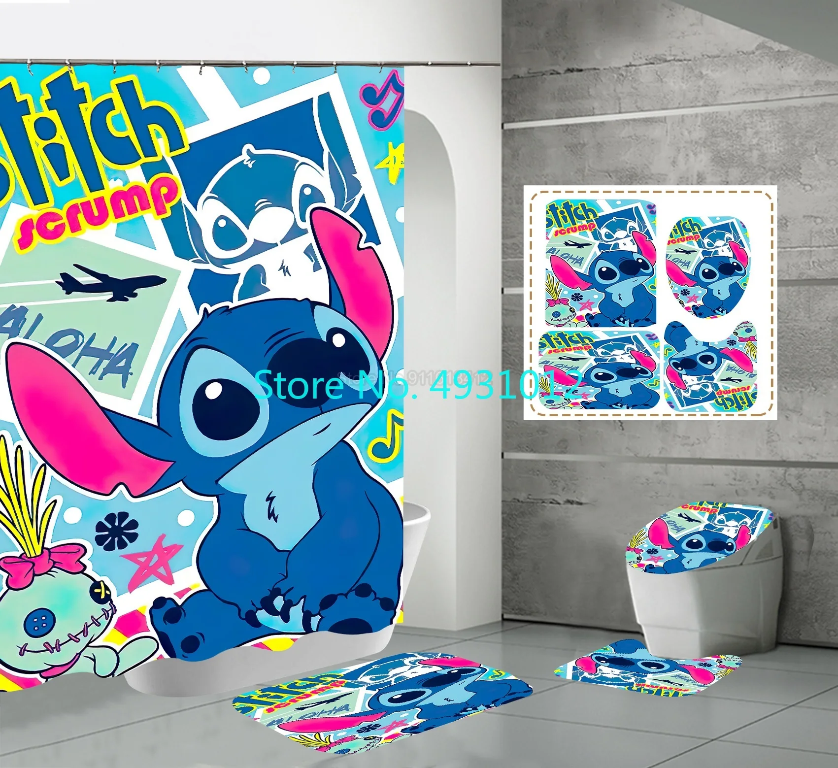 Lilo Stitch Set Waterproof Bathtub Cartoon Non-slip Mat Set Waterproof Funny Shower Curtain Pedestal Toilet Cover Bath Mat Rug