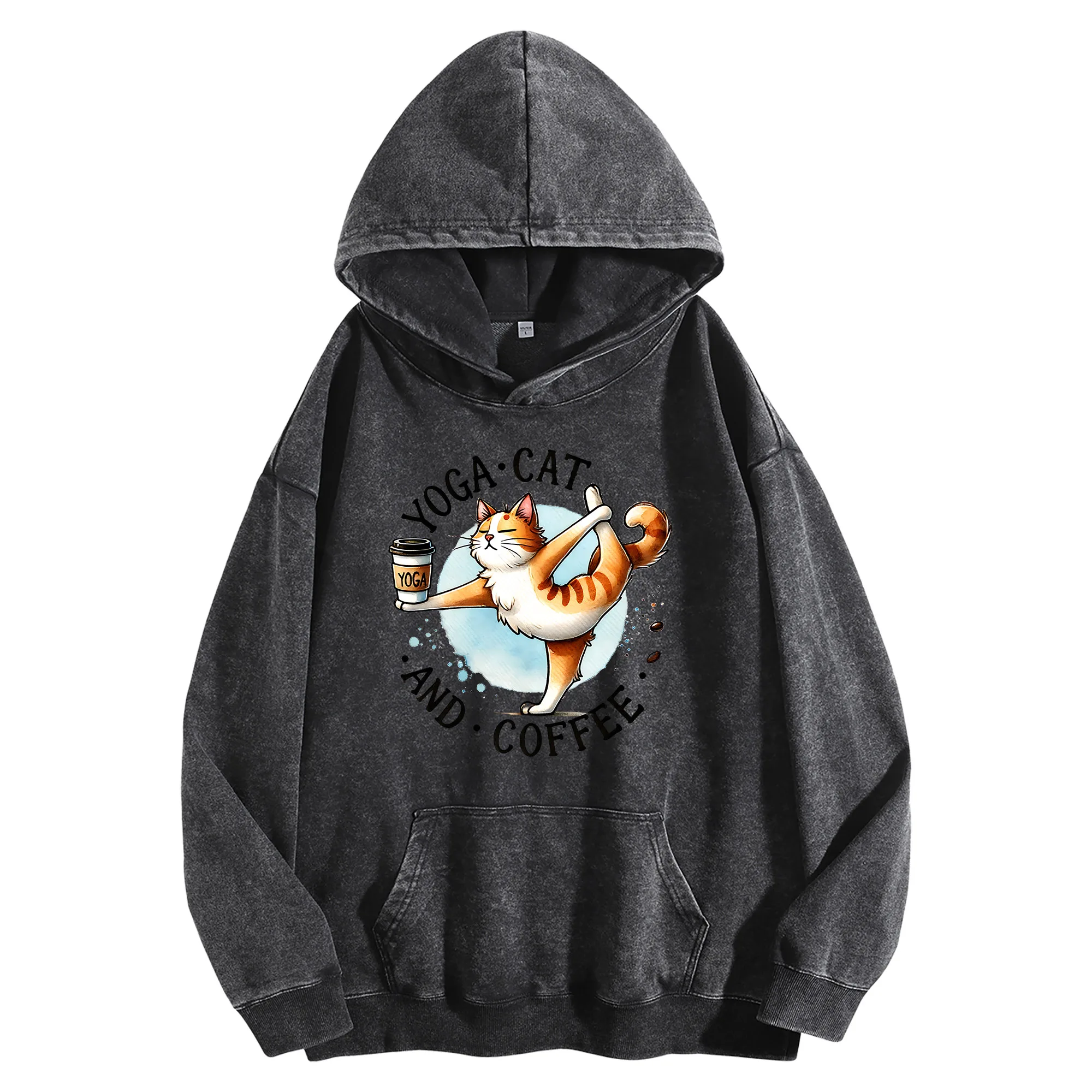 

Винтажная мытая толстовка с рисунком Yoga Cats 400G, уличная одежда унисекс, пуловер большого размера, подарок на Рождество и Новый год