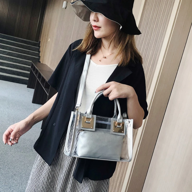 New Women Transparent Handbag PVC Clear Bag Portable Clutch Purses Satchels Girls Casual Shoulder Crossbody Bag 2 Pieces Sets