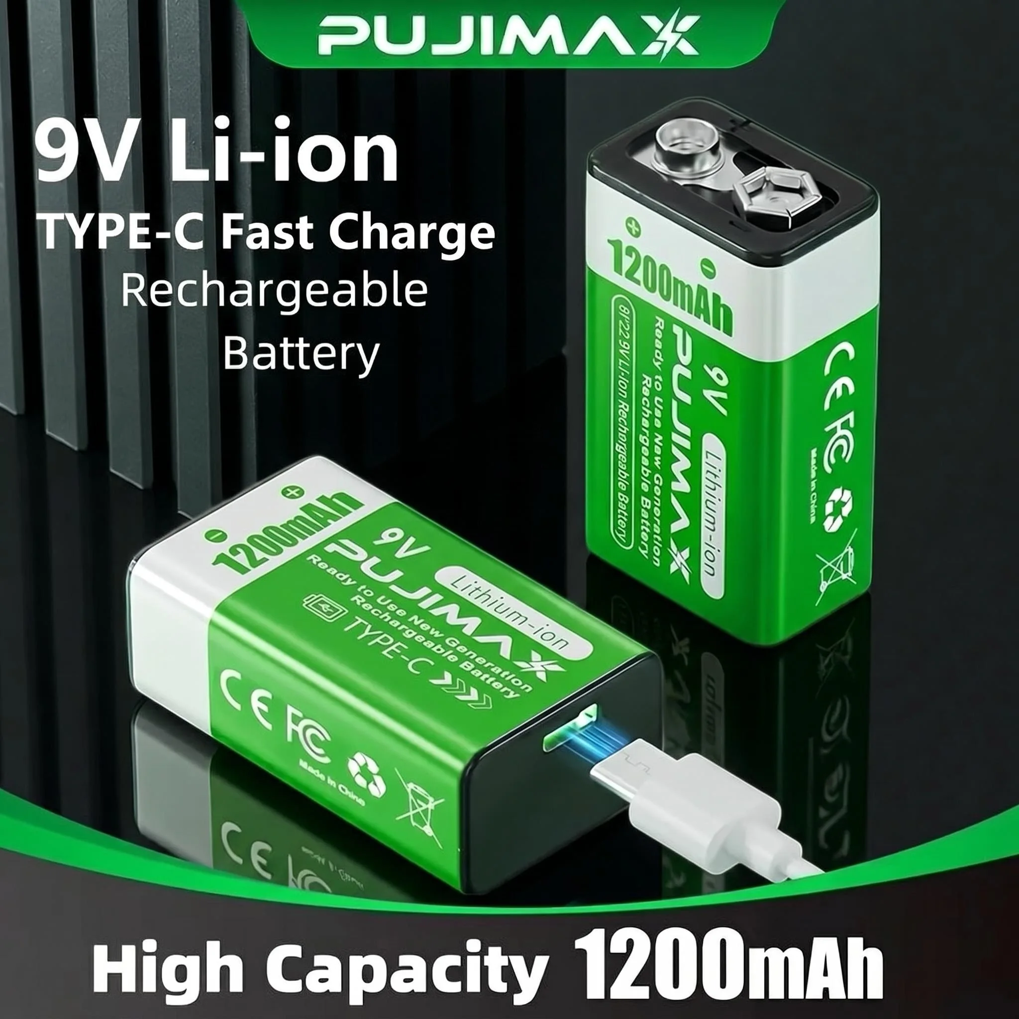 PUJIMAX 20/12/6/4pcs 9V 1200mAh Rechargeable Lithium Battery, Charged via Type-C Port, Stable Voltage, Durable and Long-Lasting. Suitable for Multimeters, Smoke Detectors, Wireless Microphones, Remote Controls, Gas Stoves, Water Heaters. Comes with a USB