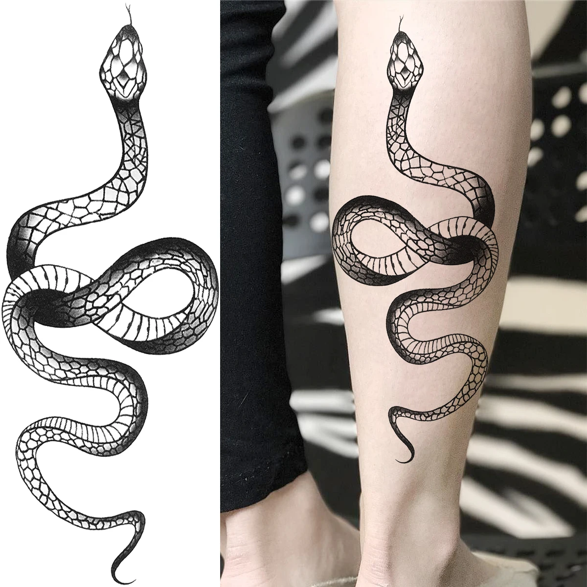 Tatuajes temporales de flor de Rosa para mujer, pegatina de tatuaje falso de serpiente de Margarita negra, pluma, hojas grandes, tatuaje
