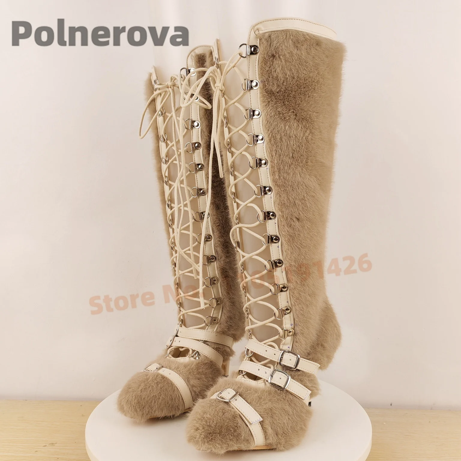 Kniehoge Voorkant Kruis Gebonden Bont Laarzen Vrouwen Uitsparing Holle Gesp Harige Herfst Winter Mode Hoge Hak Catwalk Party Schoenen