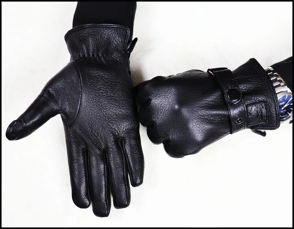 Hochwertige Herren-Lederhandschuhe, Hirschleder-Textur-Ziegenlederhandschuhe, winterwarme Flanellwolle, die mit dünnen und dicken Lederhandschuhen gestrickt ist, Fahrrad- und Fahrlederhandschuhe – Detail 16