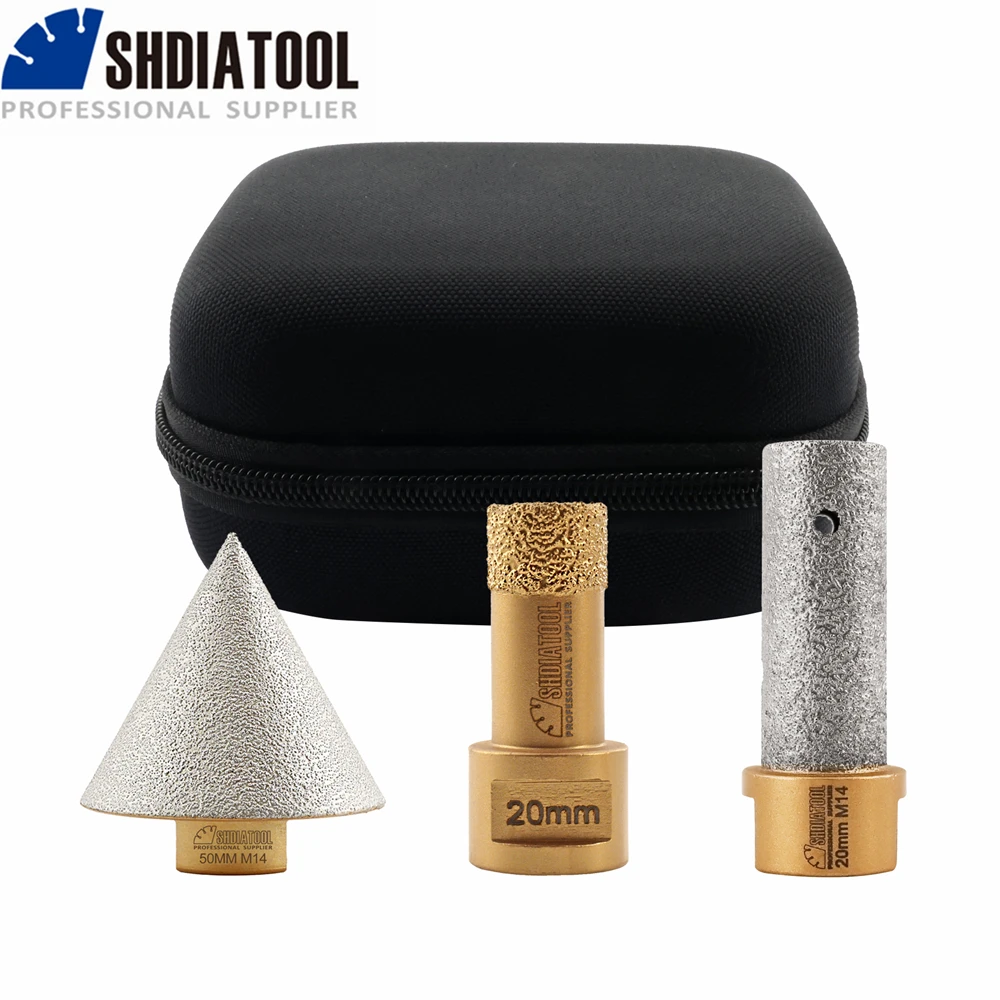 

SHDIATOOL 3pcs Diamond Drilling Milling Bits Kit Bag 20mm Hole Saw+20mm Finger Bit+50mm Diamond Chamfer Granite Ceramic M14