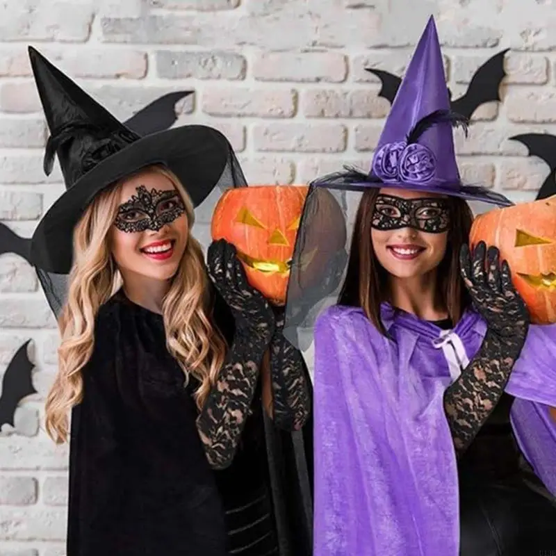 Halloween Witch Cosplay Accessoires Dames Witch Kostuum Witch Cloak Witch Hat Lace Eye Mask en handschoenen voor vrouwen