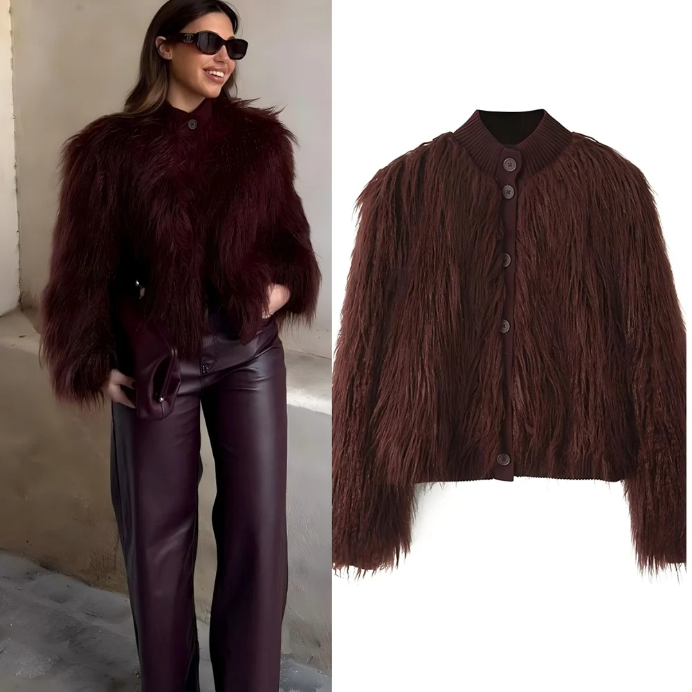 

Новое женское модное вязаное пальто с коротким воротником-стойкой и эффектом искусственного меха, женское пальто на пуговицах в стиле ретро с длинными рукавами, шикарный топ