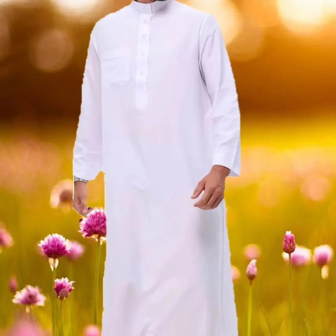 남성용 신상 화이트 주바 토브 무슬림 의상 두바이 아바야 아랍 로브 카프탄 이드 이슬람 다파 디쉬다샤 카타리 전통 의상