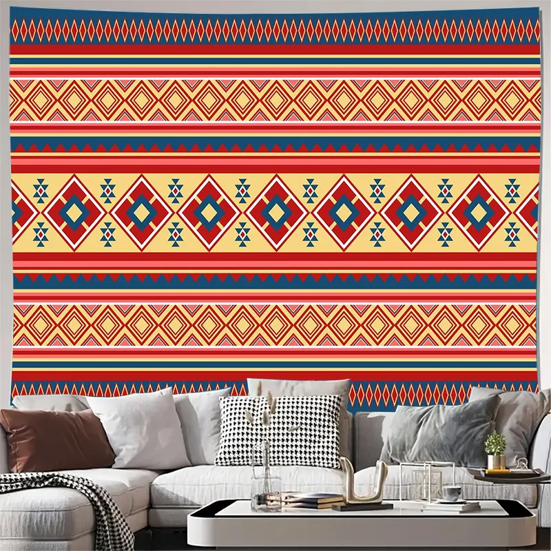 Blue Tribal Geometric Aztec Pattern Wall Tapestry Machine Washable All Season Print Ethnic Boho Design Home non-toxic material