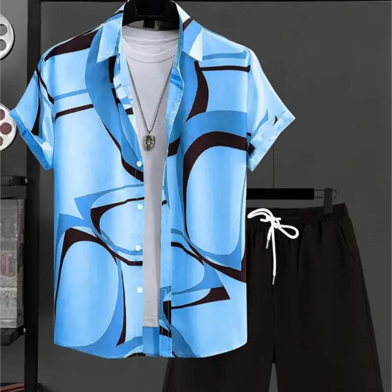 

Summer Men's Fashion Coconut Tree Print T-Shirt Single Breasted Shirt Short Sleeve Drawstring Shorts Suit Mens Hawaiian Clothing