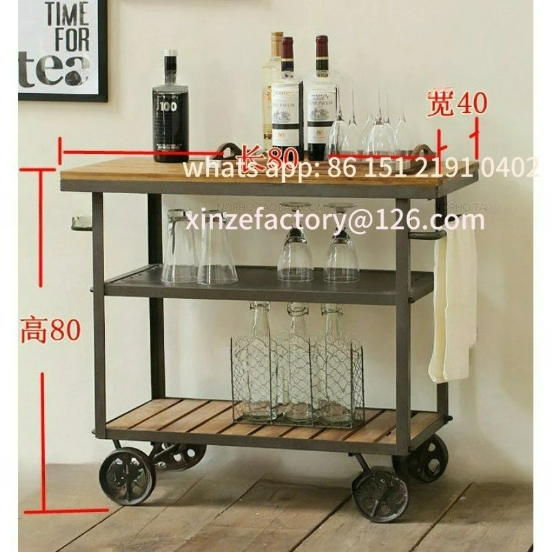 تخصيص الحديد الخشب الصلب خمر عربة الغذاء النبيذ الشاي عربة المطبخ المحمول الجرف ثلاثة طبقة عربة خزانة جانبية #6