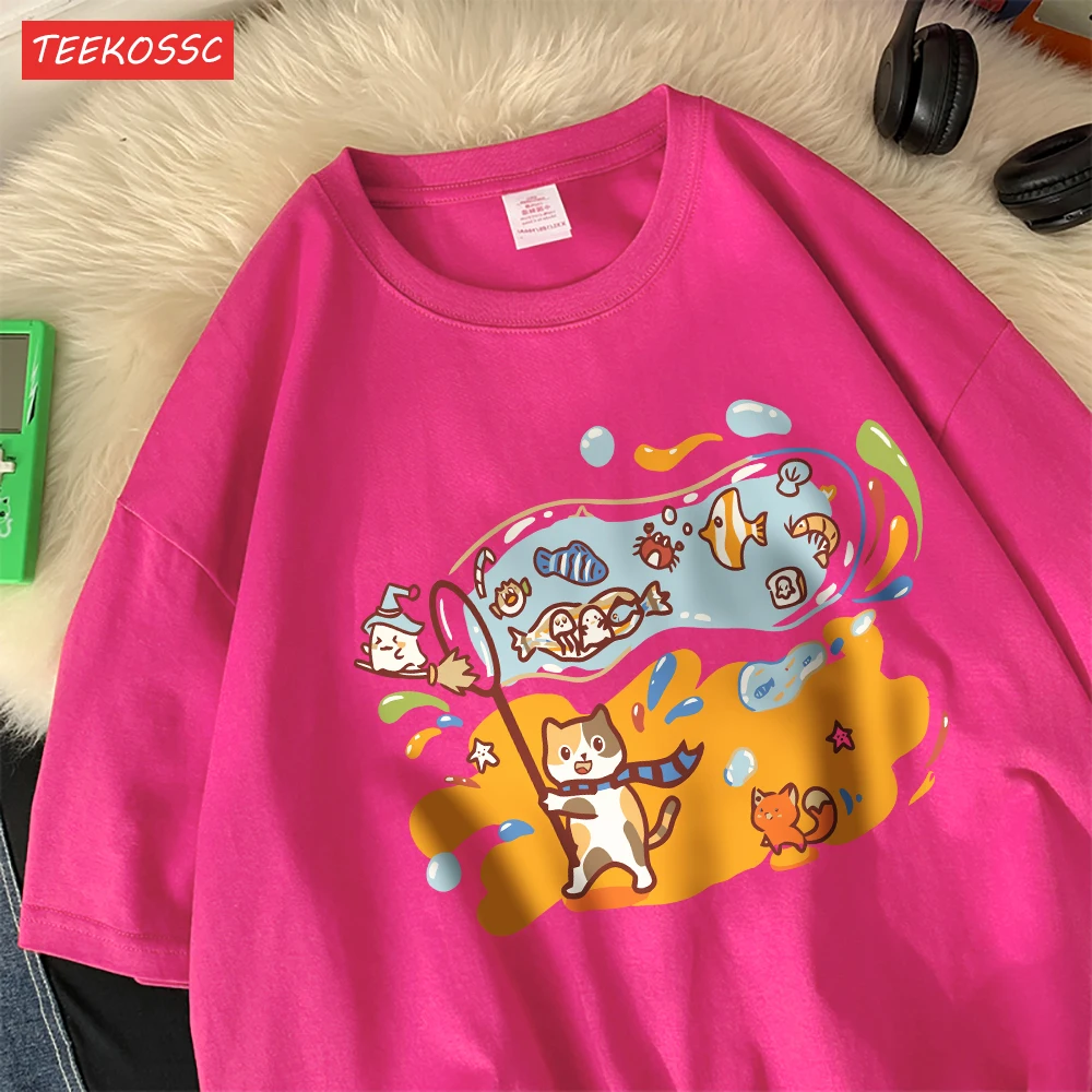 Mała rybka w ogromnej bąbelkowej bawełnie koszulki damskie kreskówki topy z nadrukiem O-Neck miękka obszerna koszulka letnia odzież codzienna