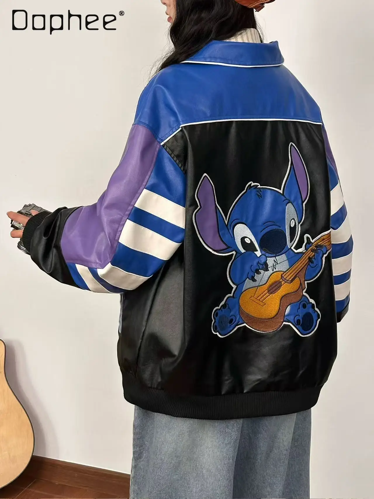 

Trendy Cartoon Embroidery Color-Block Stand Collar Jacket Coat for Men and Women Autumn Winter Loose Casual Leather Jacket Coat