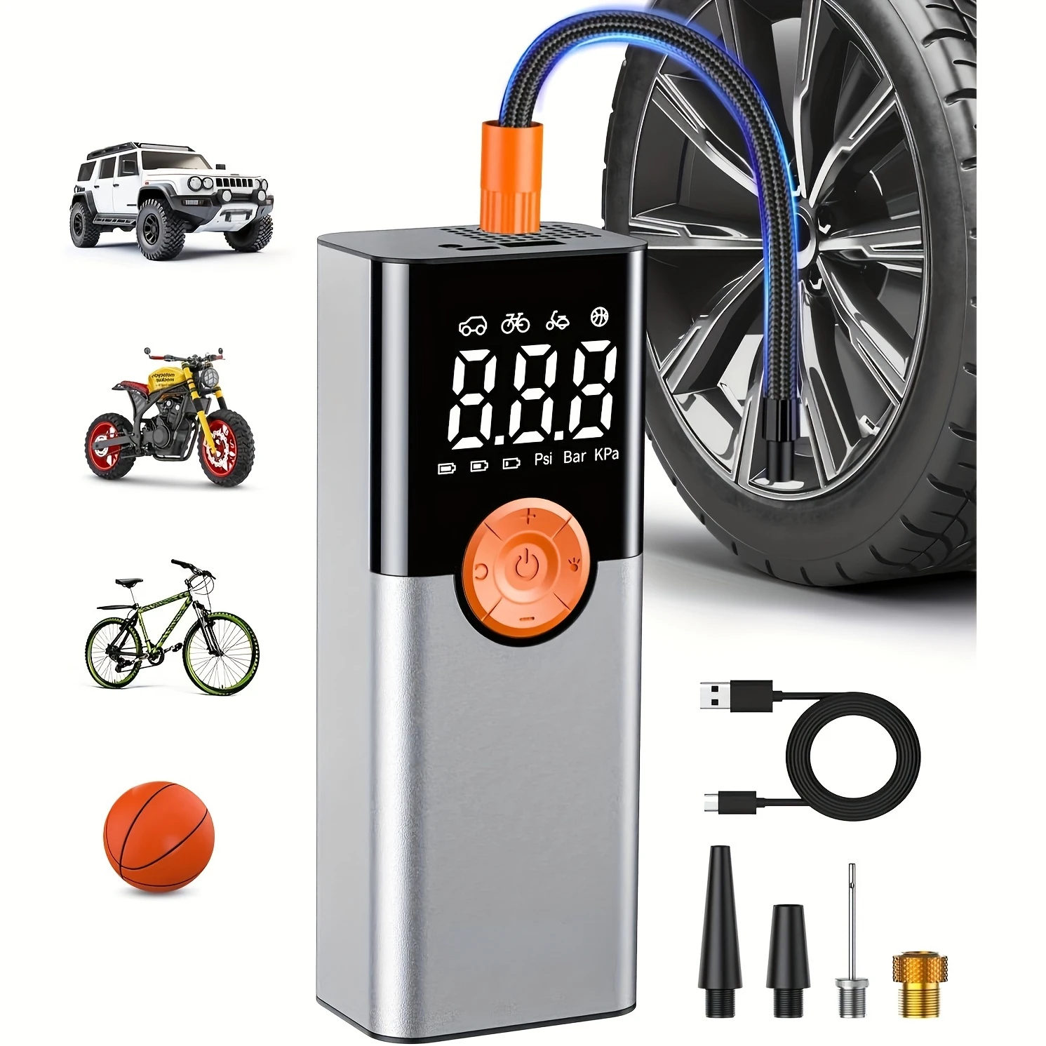 

Compact 150 PSI Tire Inflator with Digital Pressure Gauge and LED Light - Versatile Air for Cars, Motorcycles, E-Bikes, and Bic