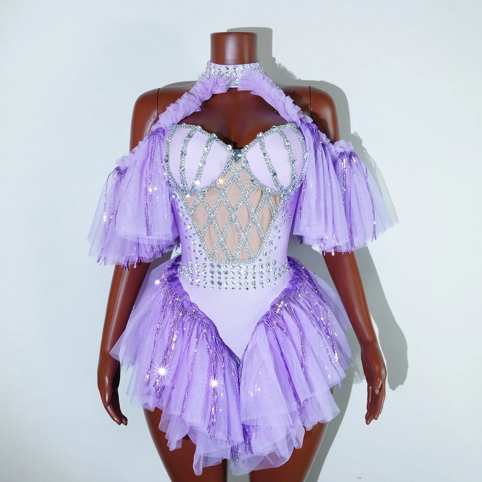 

Light purple halter off shoulder sequin mesh fringe dance sexy bodysuit dancer nightclub singer drag queen performance costume