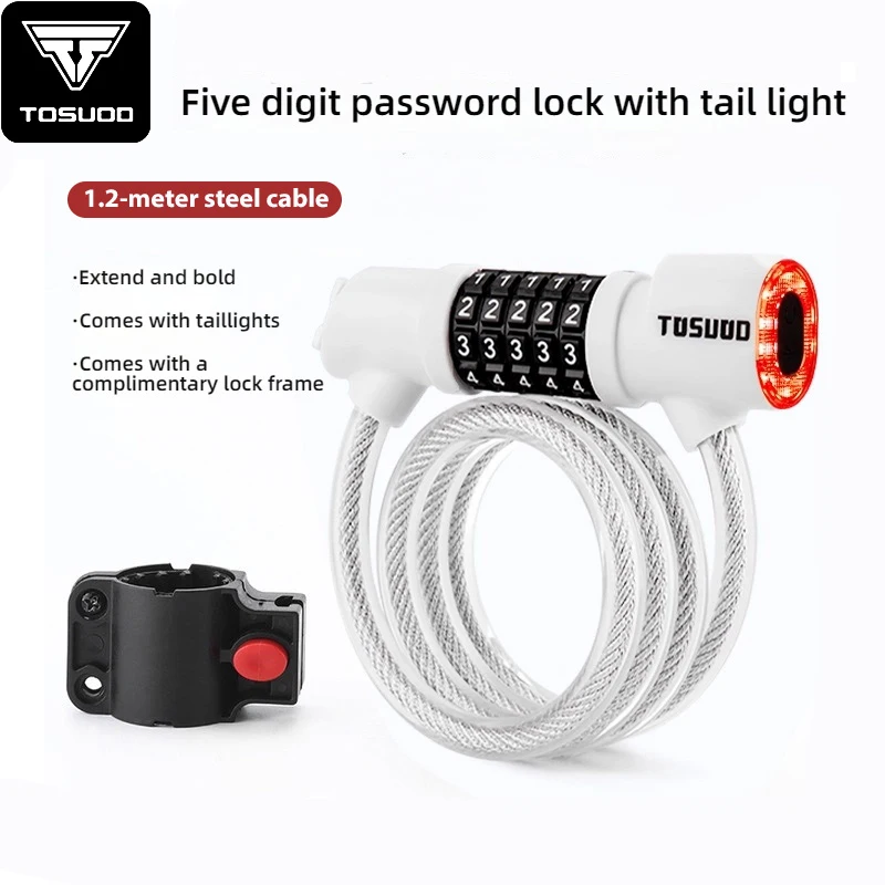 TOSUOD-candado para bicicleta con luz trasera, contraseña de seguridad de 5 dígitos, candado para bicicleta, cadena de Cable de acero, accesorios antirrobo para bicicleta