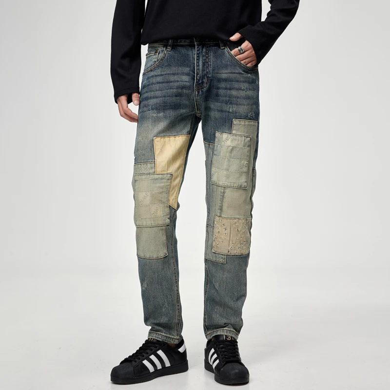 Autumn and Winter Fashion Brand Needle Stiched Jeans Men's Patch Slim Fit Small Straight-Leg Pants Machine Embroidery Pu Shuai P