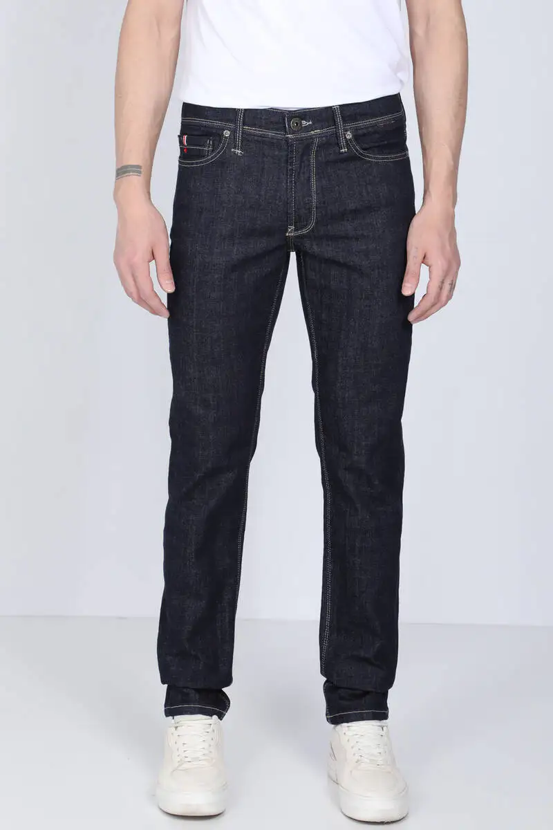 Male Navy Blue Contrast Stitching Jean Pants