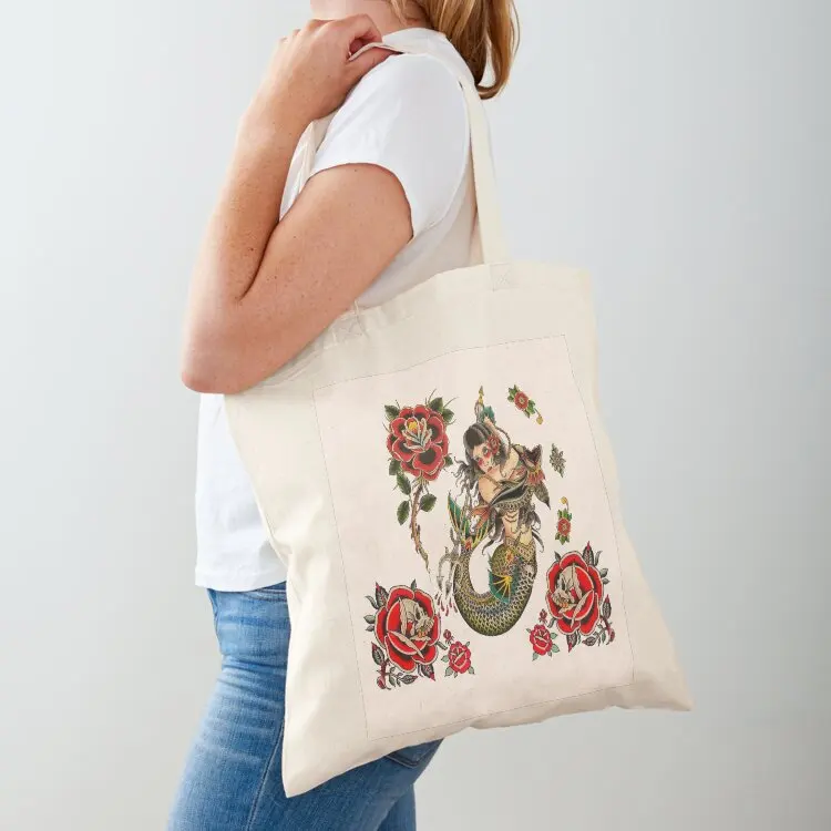 

Traditional Pretty Mermaid Holding Trident, Sea Monster and Skull Roses Tattoo Tote Bag Shopper bags woman 2025
