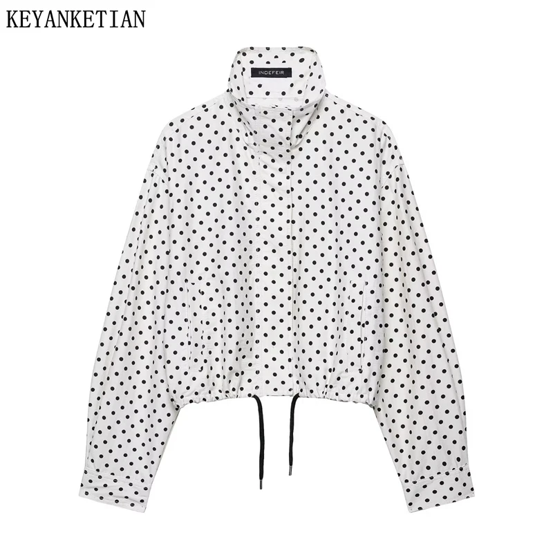 

KEYANKETIAN 2025 Autumn New Retro style Polka Dots Print Stand collar Jacket Drawstring Lace Up Oversize Women's Short Blazer